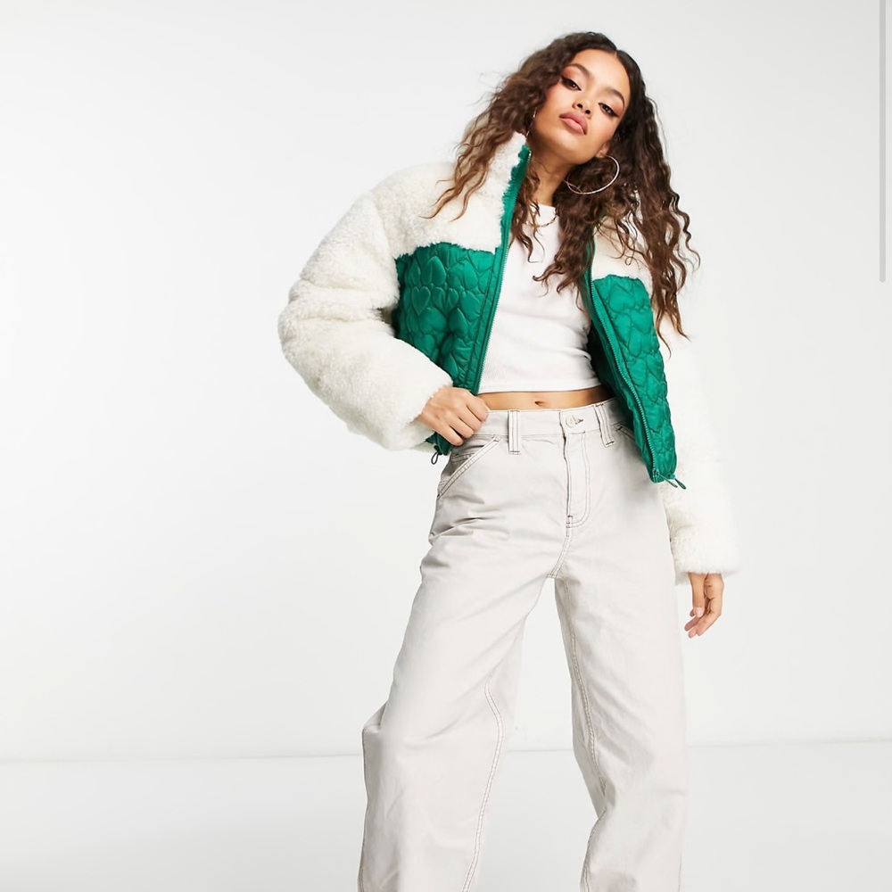 ASOS Design heart quilted padded borg jacket in green & cream NWOT